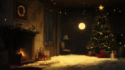 Cozy winter room with lit Christmas tree and fireplace.