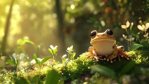 Tree frog on moss in soft forest light at ground level.