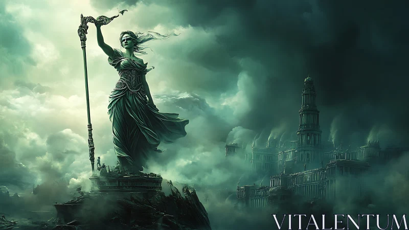 Colossal armored goddess statue towers over misty ancient city