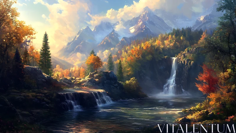 Digital painting of alpine waterfall in radiant autumn light.
