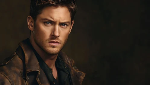 Brooding male portrait in leather jacket, warm rim lighting.
