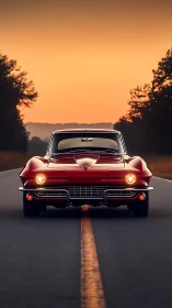 Red classic sports car centered on empty country road.