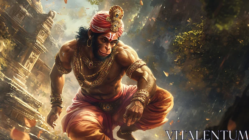 Mythic monkey warrior leaping through sunlit temple storm.