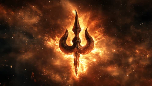 Fiery trident symbol glowing in a cosmic dark background.