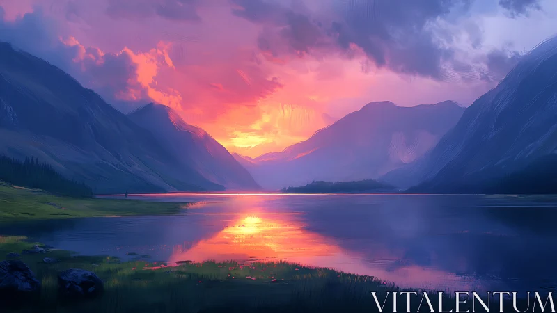 Radiant mountain sunset gently glows across a calm lake