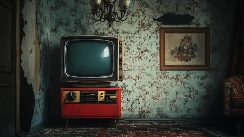 Vintage CRT television console anchors decayed midcentury interior