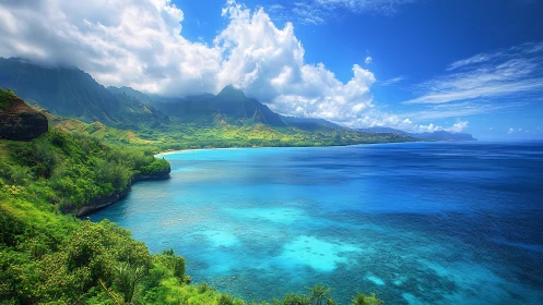 Volcanic Coastal Landscape: Majestic Island Seascape with Verdant Peaks.
