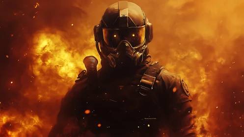 Armored soldier emerging from molten inferno backdrop.