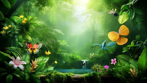 Lush jungle pond glows softly as butterflies dance above