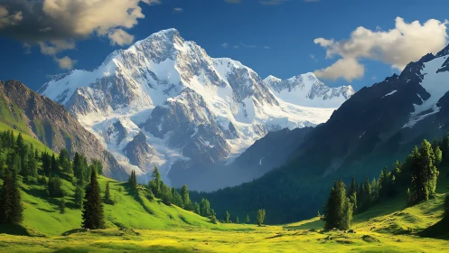 Snowcapped mountain peak above sunlit alpine valley.