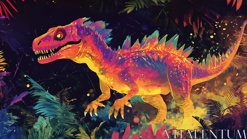 Neon dinosaur strides through glowing jungle twilight