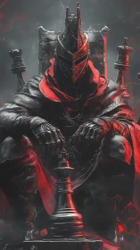 Dark armored warlord broods on a throne of burning chess
