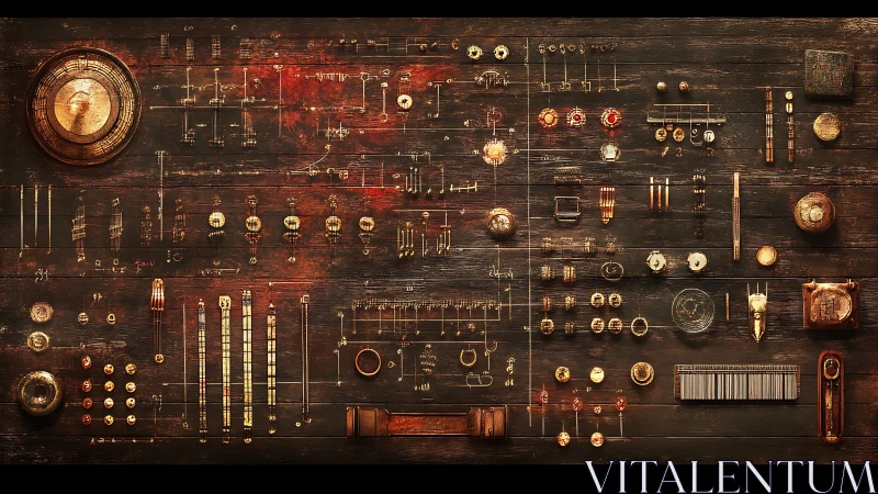 Vintage control panel with arranged mechanical components.