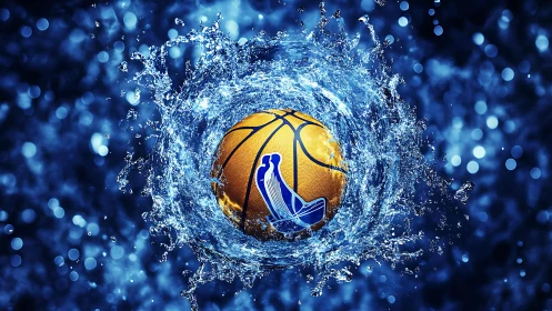 Basketball spins through radial splash of water droplets