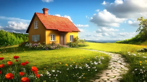 Sunlit cottage hums quietly at the edge of a wild meadow