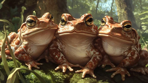 Triad of sunlit toads rendered in high-detail digital realism