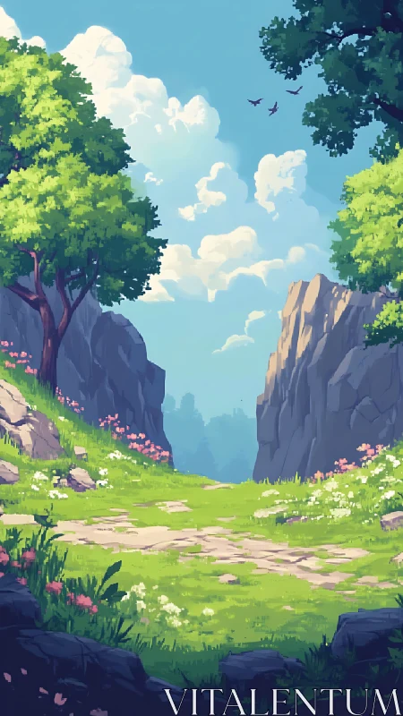 Serene Valley of Wildflowers Beneath Towering Cliffs