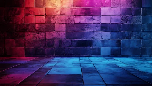 Brick wall and tiled floor lit by multicolor gradient lighting