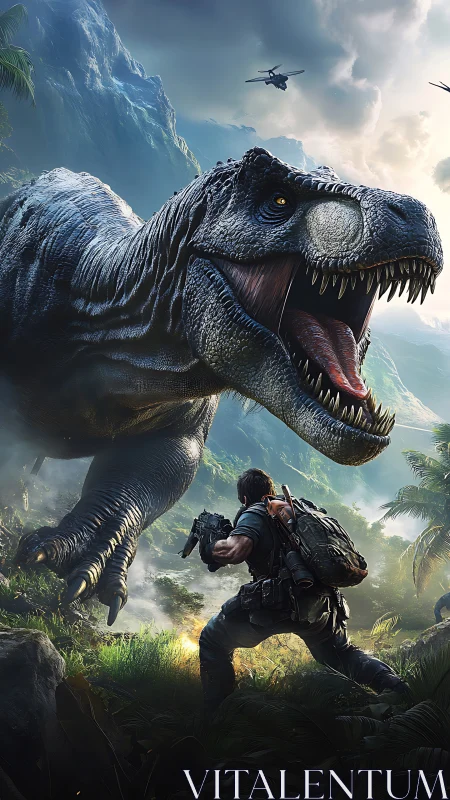 Adventurer facing roaring T. rex in misty jungle showdown.