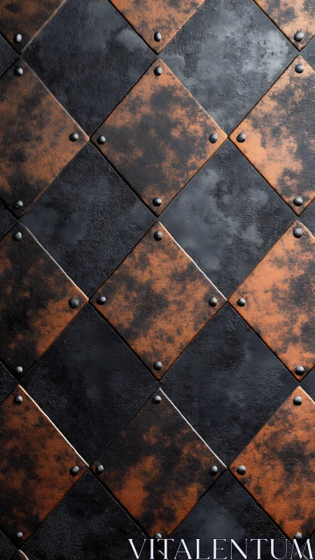 Weathered riveted copper and iron diamond plate wall pattern