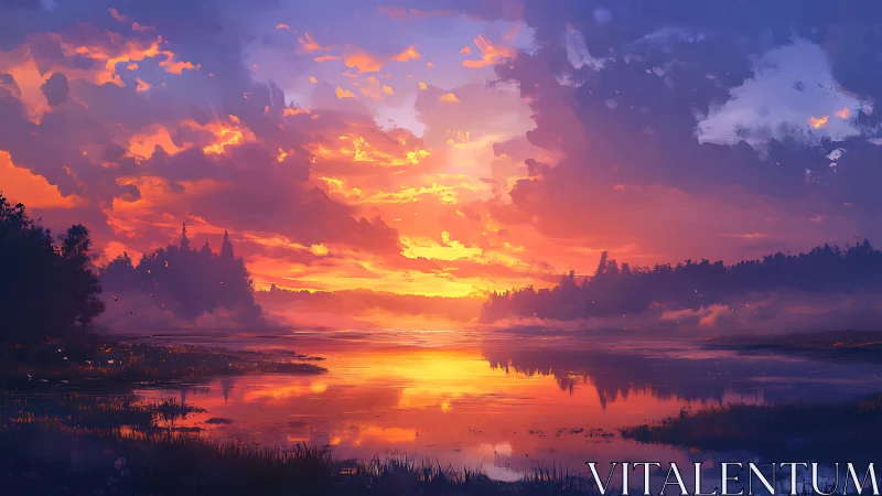 Radiant sunset ignites a tranquil lake beneath violet clouds