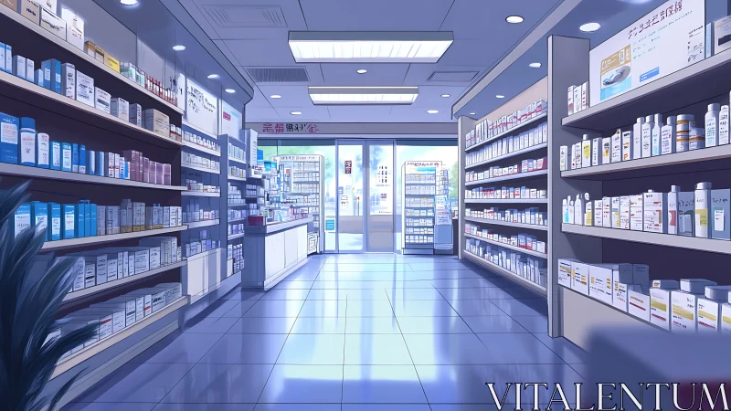 Pharmacy interior shows orderly product shelves and bright aisle