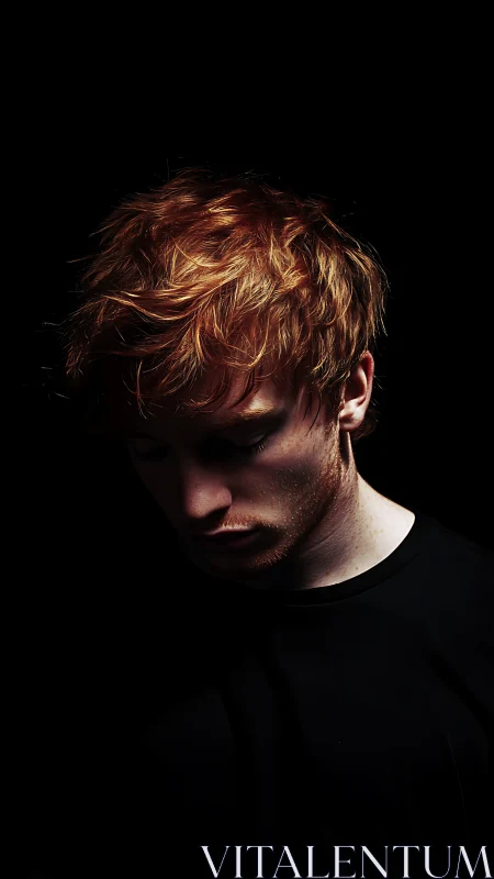 Moody portrait of red haired man in dark shadows.