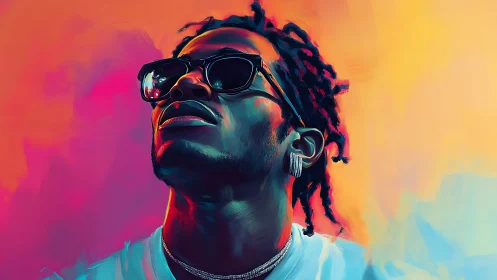 Digital portrait of man in sunglasses against vivid gradient.