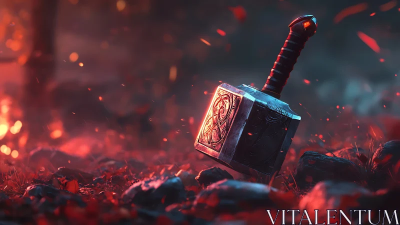 Runed war hammer embedded in ember-lit battlefield ground