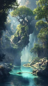 Vertical fantasy canyon with luminous turquoise river and carved arch