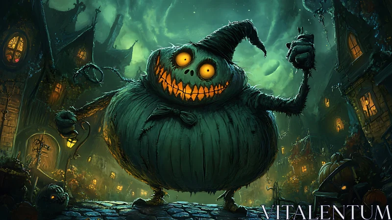 Grinning pumpkin monster stalks a twisted, moonlit village