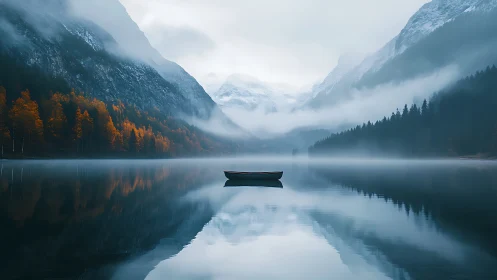 Lonely rowboat on misty mountain lake at autumn dawn.