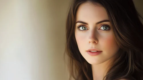 Calm close-up portrait of young woman with green eyes.