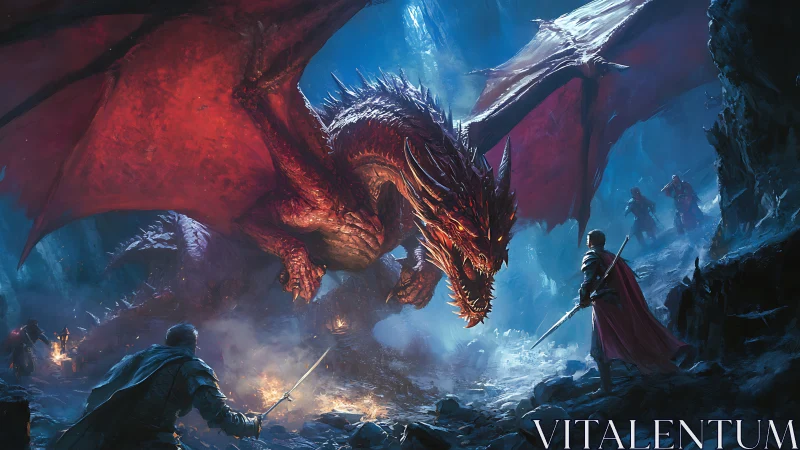 Fire dragon confronts armored warriors in icy cavern showdown.