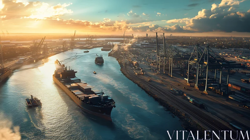 Container ships transit busy industrial port channel at sunset