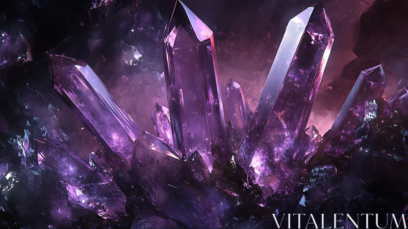 Purple crystal cluster rendered with sharp 3D clarity.