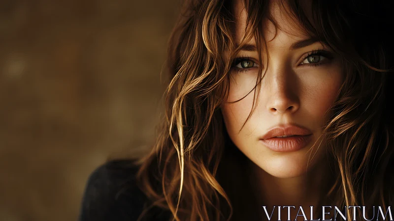 Soft-lit close-up portrait captures intense green-eyed gaze