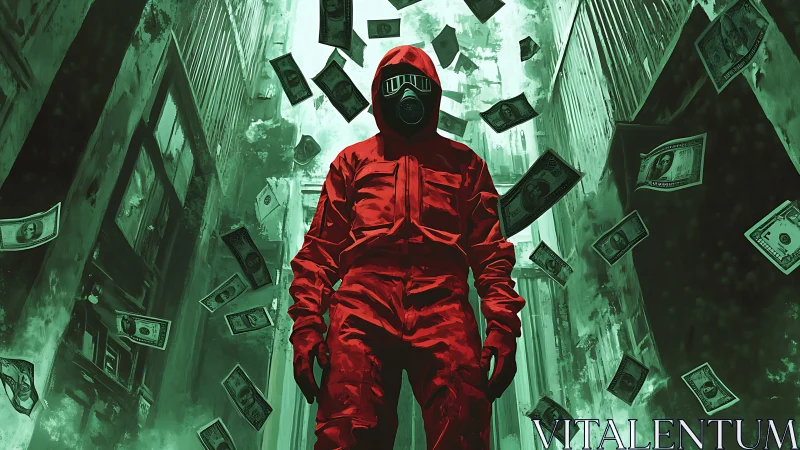 Masked figure in red suit walks through alley of falling cash.