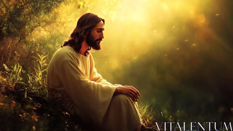 Solitary robed figure prays in forest under golden light