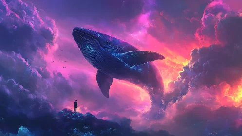 Celestial whale soaring above luminous neon storm clouds.