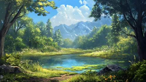 Mountain lake glows under crisp midday light, lush forest surrounds.