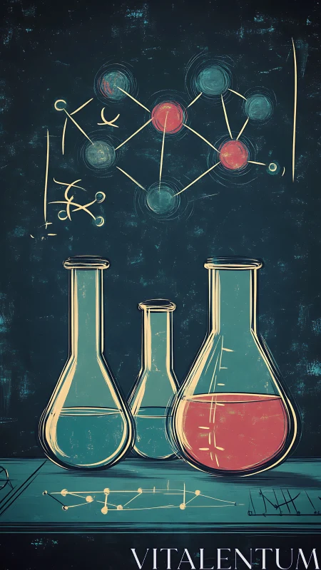 Stylized laboratory glassware with schematic molecular network above