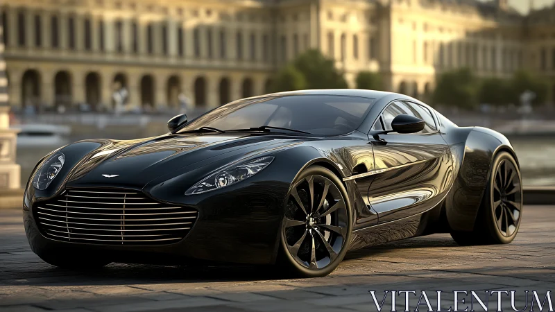 Sleek black supercar gleams beside elegant riverside plaza.