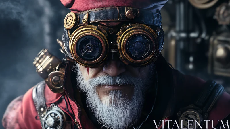 Elderly figure in steampunk goggles and mechanical gear.