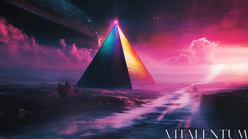 Prismatic space pyramid hums under neon stormcloud skies