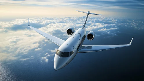 Business jet aircraft in level flight above cloud layer.