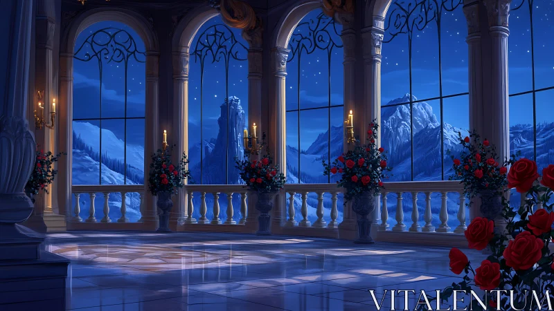 Interior gallery overlooks snow-covered mountains at night