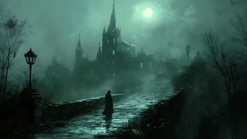 Nocturnal cloaked figure approaching fog-dense gothic citadel.