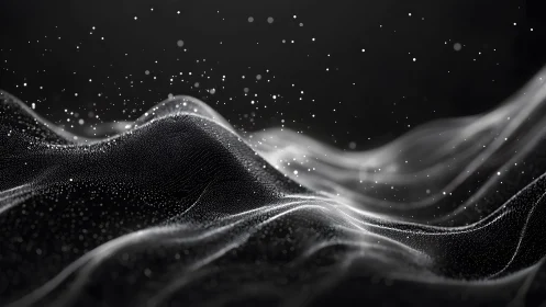 Abstract flowing waves of particles in black and white digital art.