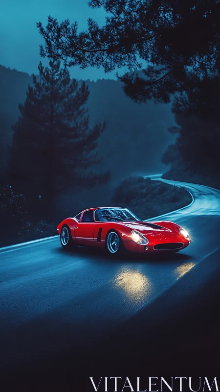 Red vintage sports coupe navigates wet mountain switchback road at dusk